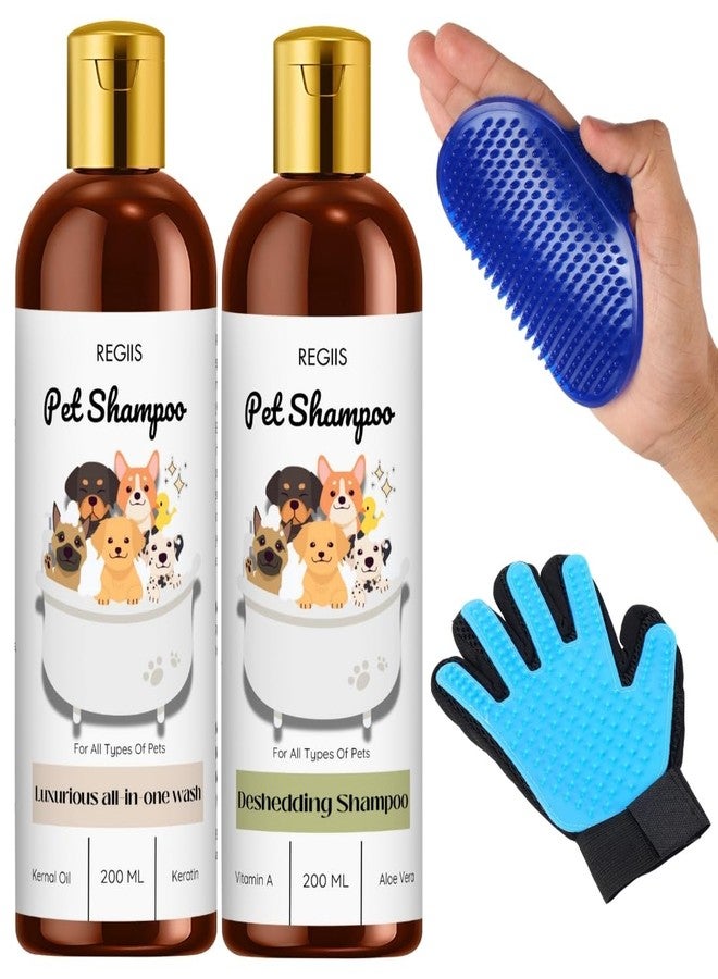Regiis Pet Shampoo Set with Grooming Tools, 200ml Luxurious All-in-One Wash, 200ml Deshedding Shampoo, Blue Massage Brush, Grooming Glove for Dogs, Cats(Pack of 4) - Image 1